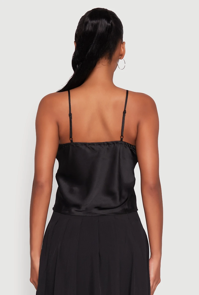 Womens V-Neck Lace Trim Cropped Cami, Black, Size S