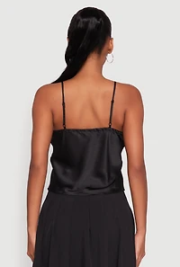 Womens V-Neck Lace Trim Cropped Cami, Black, Size S