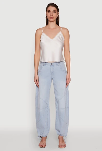 Womens V-Neck Lace Trim Cropped Cami, White, Size L