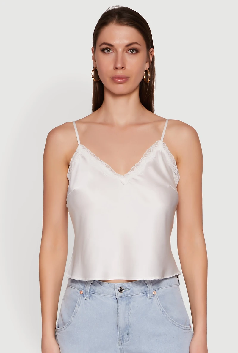 Womens V-Neck Lace Trim Cropped Cami, White, Size S