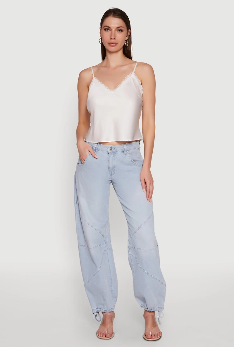 Womens V-Neck Lace Trim Cropped Cami, White, Size S