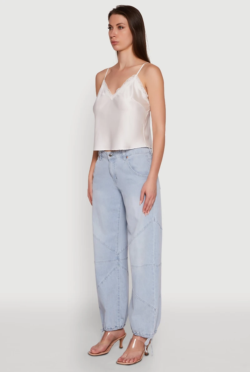 Womens V-Neck Lace Trim Cropped Cami, White, Size S