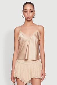 Womens V-Neck Lace Trim Cropped Cami, Beige, Size M