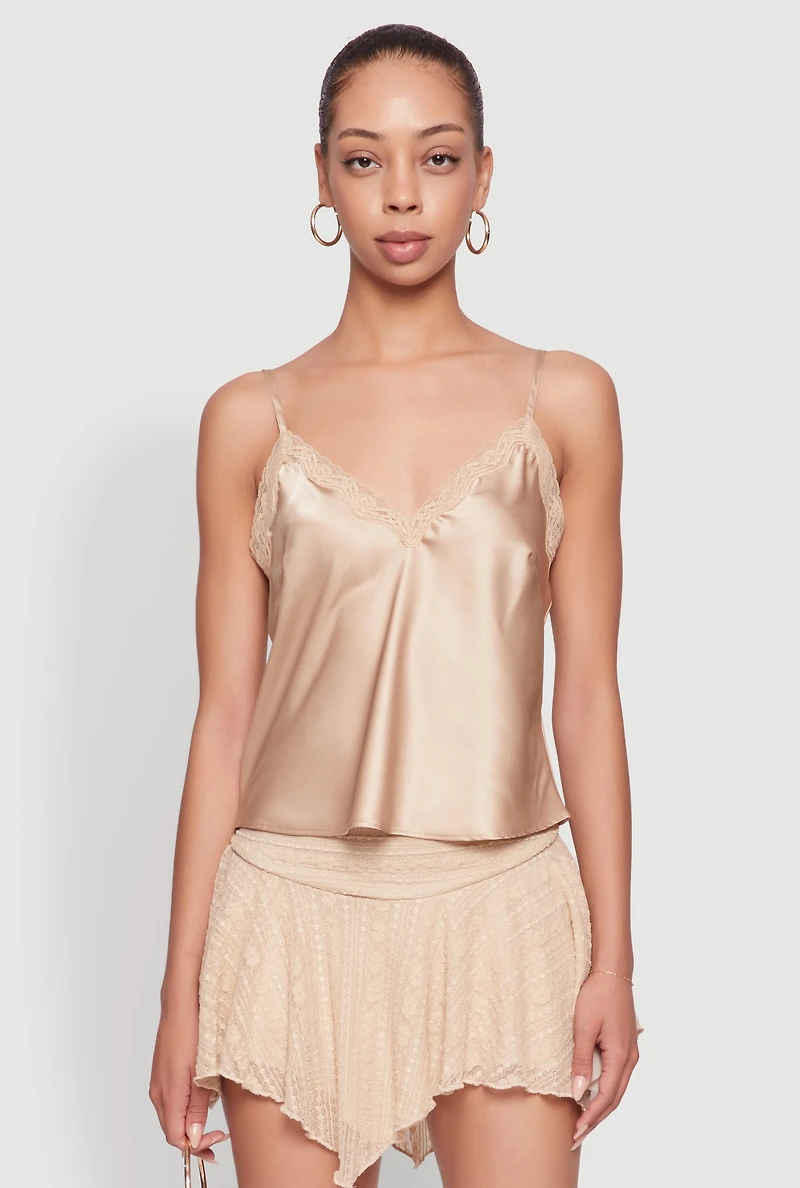 Womens V-Neck Lace Trim Cropped Cami, S