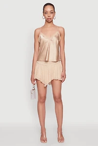 Womens V-Neck Lace Trim Cropped Cami, Beige, Size M
