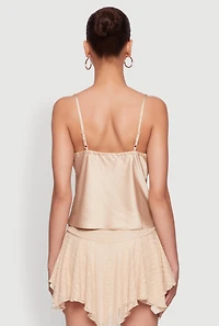 Womens V-Neck Lace Trim Cropped Cami, Beige, Size M