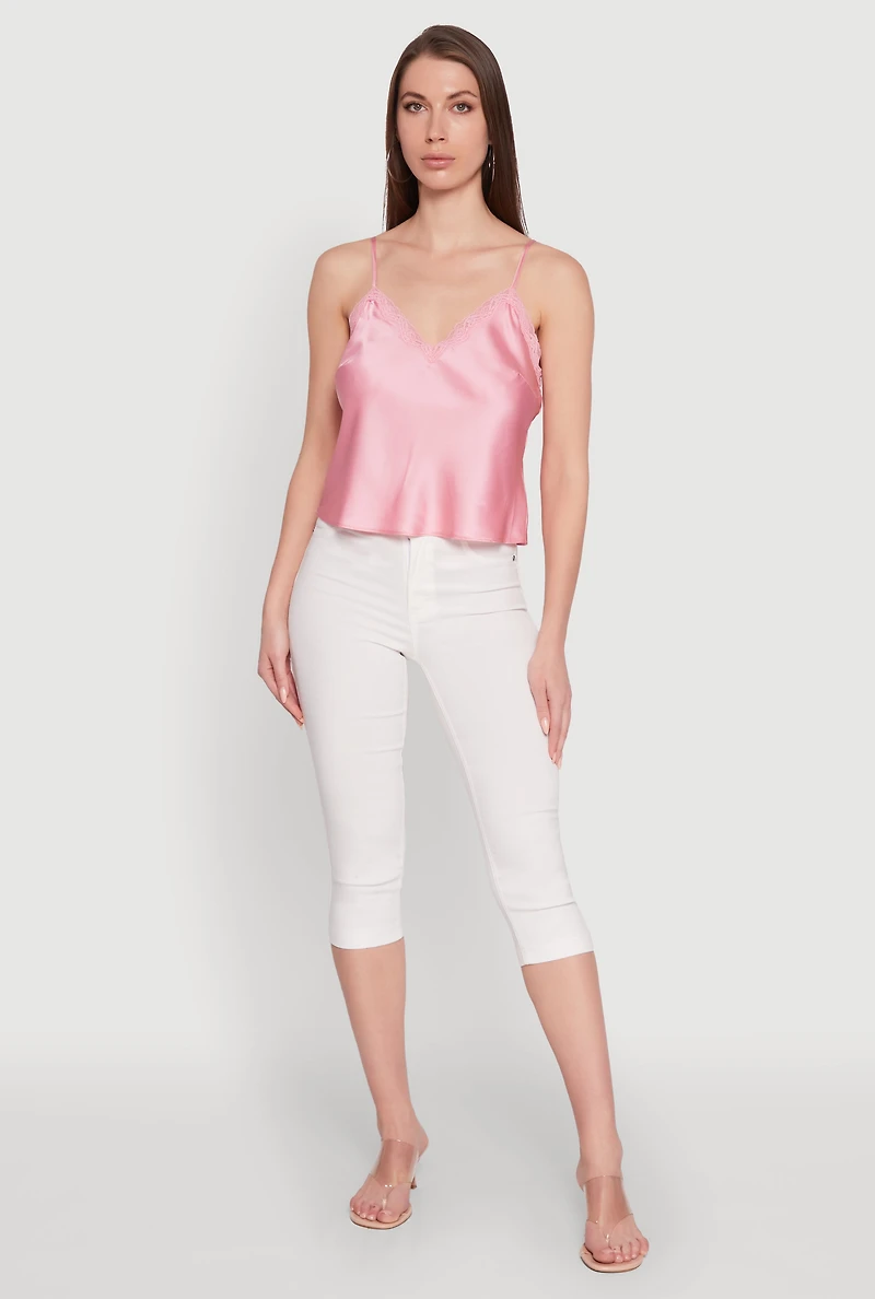 Womens V-Neck Lace Trim Cropped Cami, Pink, Size L