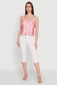 Womens V-Neck Lace Trim Cropped Cami, Pink, Size L