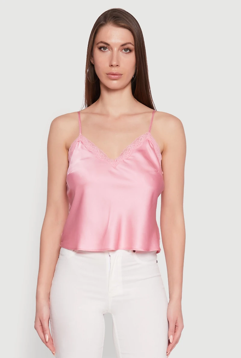 Womens V-Neck Lace Trim Cropped Cami, Pink, Size L