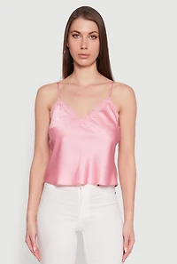 Womens V-Neck Lace Trim Cropped Cami, Pink, Size L