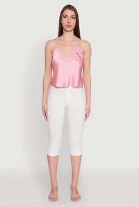 Womens V-Neck Lace Trim Cropped Cami, Pink, Size L