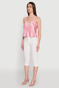 Womens V-Neck Lace Trim Cropped Cami, Pink, Size L
