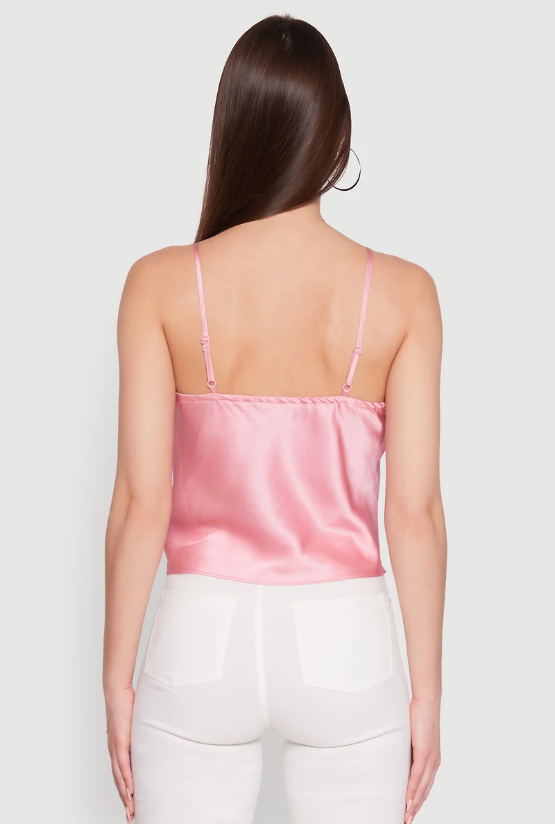 Womens V-Neck Lace Trim Cropped Cami, Pink, Size L