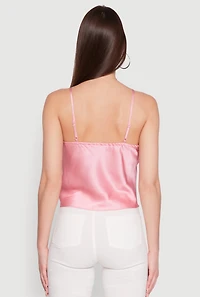 Womens V-Neck Lace Trim Cropped Cami, Pink, Size L