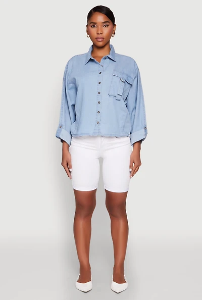 Womens Chambray Pocket Shirt, Blue, Size L