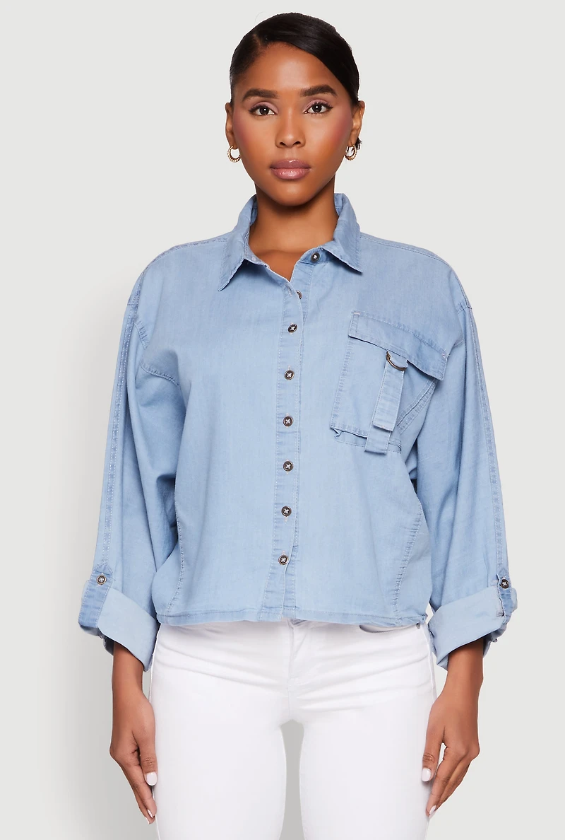 Womens Chambray Pocket Shirt, Blue, Size L