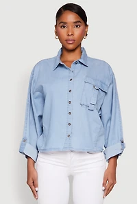 Womens Chambray Pocket Shirt, Blue, Size L