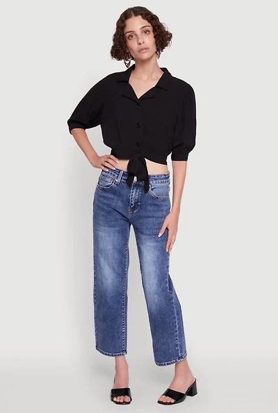 Womens Tie Front Bubble Sleeve Cropped Blouse,