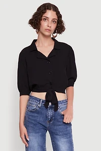 Womens Tie Front Bubble Sleeve Cropped Blouse,