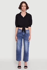 Womens Tie Front Bubble Sleeve Cropped Blouse,