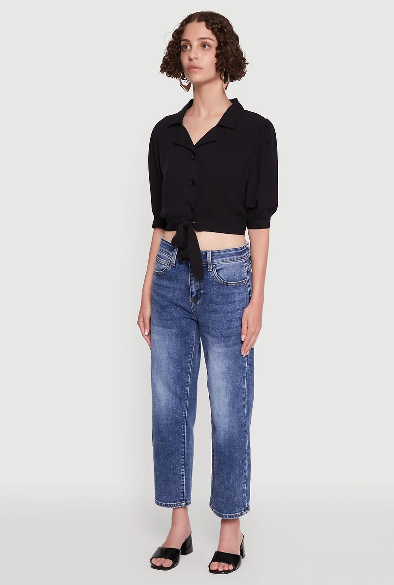Womens Tie Front Bubble Sleeve Cropped Blouse,