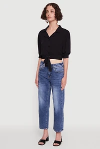 Womens Tie Front Bubble Sleeve Cropped Blouse,