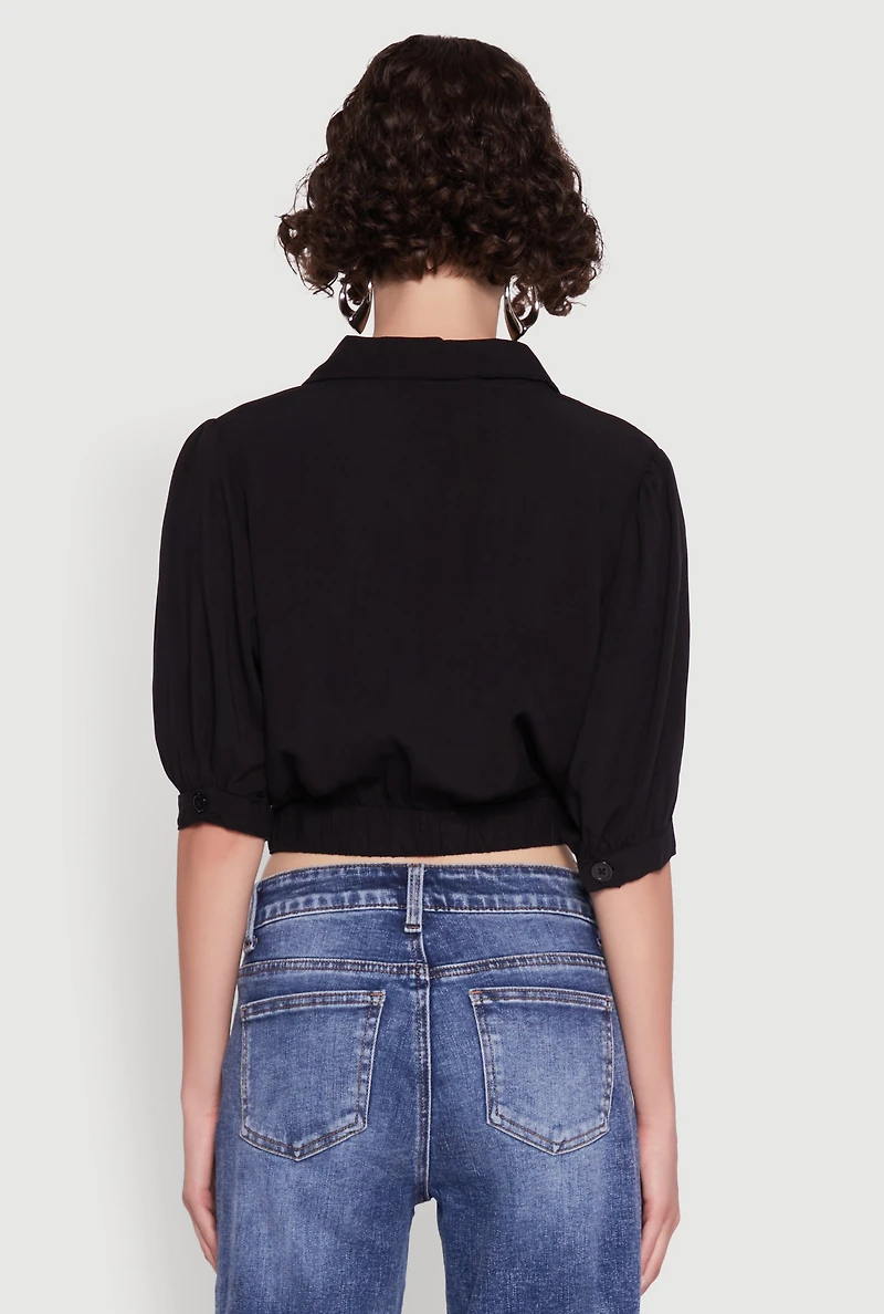 Womens Tie Front Bubble Sleeve Cropped Blouse,