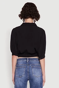Womens Tie Front Bubble Sleeve Cropped Blouse,
