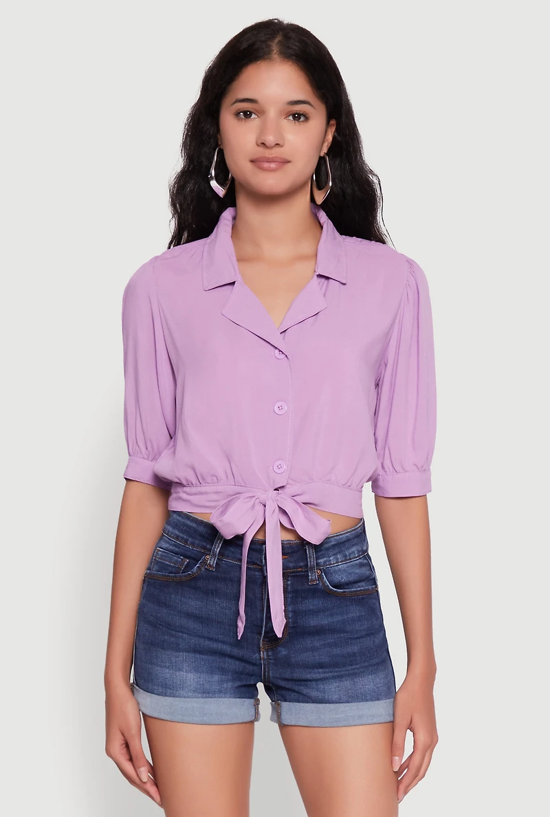 Tie Front Bubble Sleeve Cropped Blouse