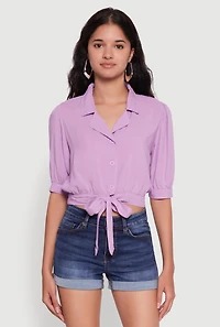 Tie Front Bubble Sleeve Cropped Blouse