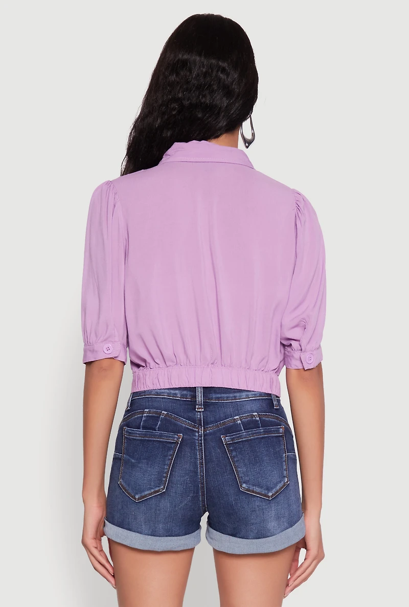 Tie Front Bubble Sleeve Cropped Blouse