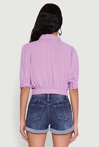 Tie Front Bubble Sleeve Cropped Blouse