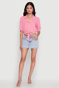 Womens Tie Front Bubble Sleeve Cropped Blouse,