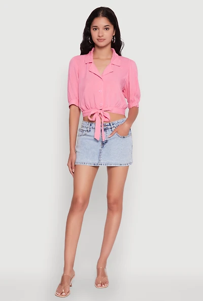Womens Tie Front Bubble Sleeve Cropped Blouse,