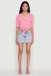 Womens Tie Front Bubble Sleeve Cropped Blouse,
