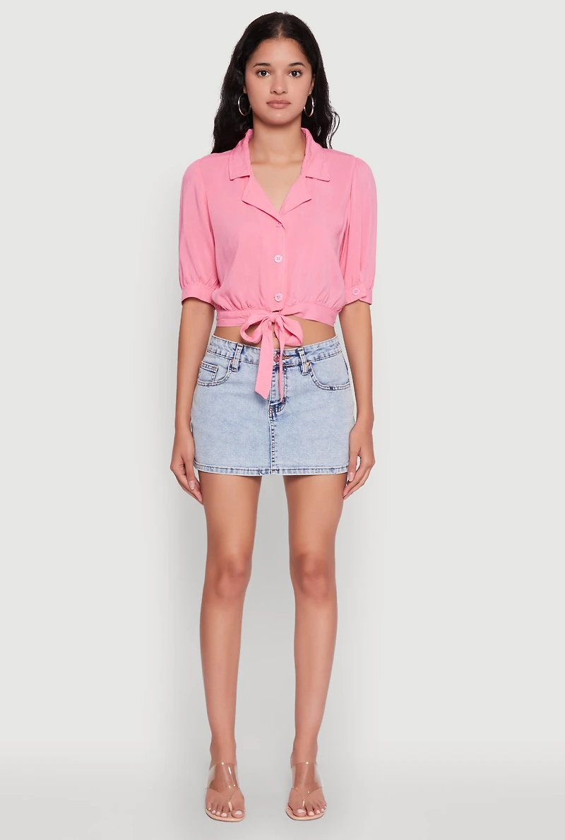 Womens Tie Front Bubble Sleeve Cropped Blouse, Pink,
