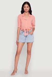 Womens Tie Front Bubble Sleeve Cropped Blouse, Pink, Size M