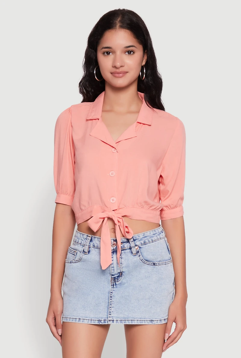 Womens Tie Front Bubble Sleeve Cropped Blouse, Pink, Size M