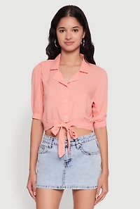 Womens Tie Front Bubble Sleeve Cropped Blouse, Pink, Size M