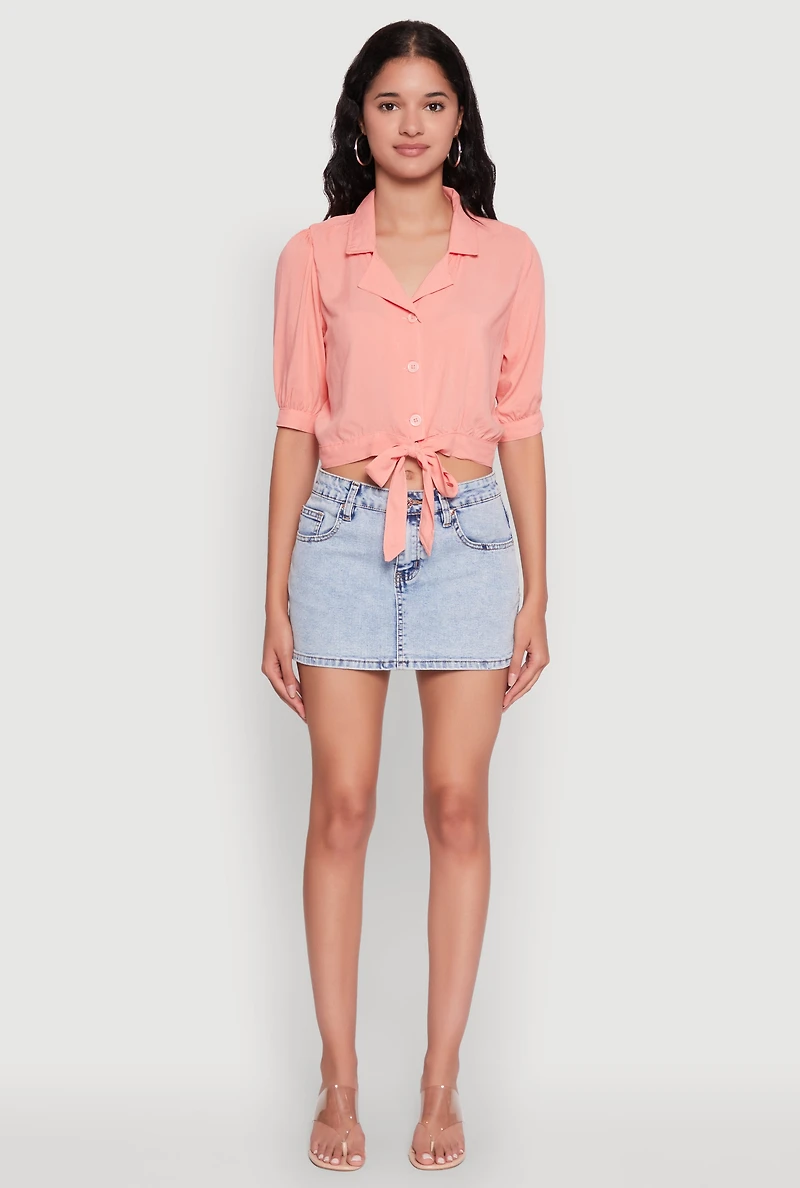 Womens Tie Front Bubble Sleeve Cropped Blouse, Pink, Size M