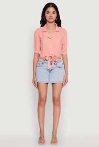 Womens Tie Front Bubble Sleeve Cropped Blouse, Pink,