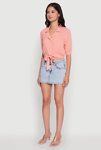 Womens Tie Front Bubble Sleeve Cropped Blouse, Pink, Size M