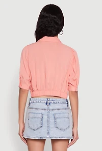 Womens Tie Front Bubble Sleeve Cropped Blouse, Pink,