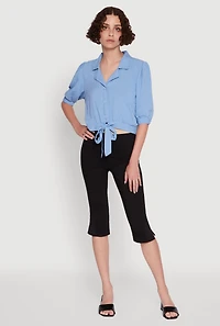 Womens Tie Front Bubble Sleeve Cropped Blouse, S