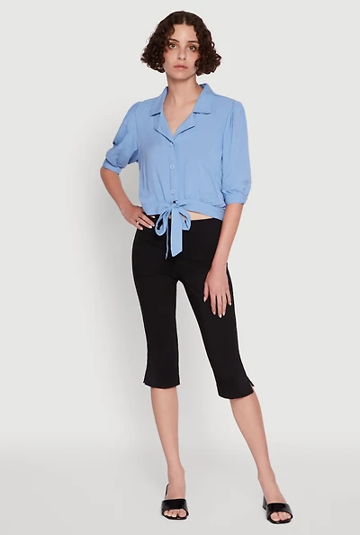 Womens Tie Front Bubble Sleeve Cropped Blouse,