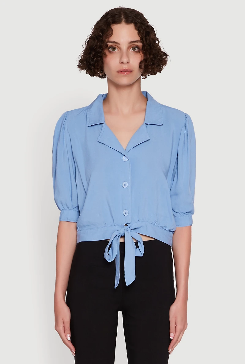 Tie Front Bubble Sleeve Cropped Blouse