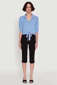 Womens Tie Front Bubble Sleeve Cropped Blouse, S
