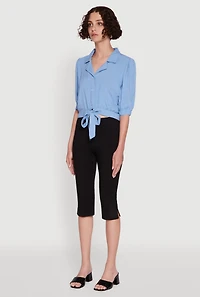 Womens Tie Front Bubble Sleeve Cropped Blouse, S