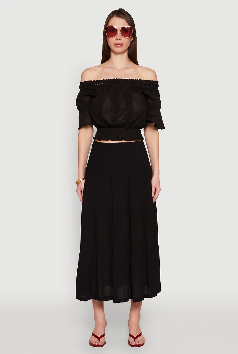Womens Crochet Detail Off The Shoulder Crop Top, Black, Size M