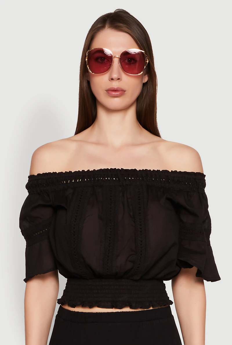 Womens Crochet Detail Off The Shoulder Crop Top, Black, Size S